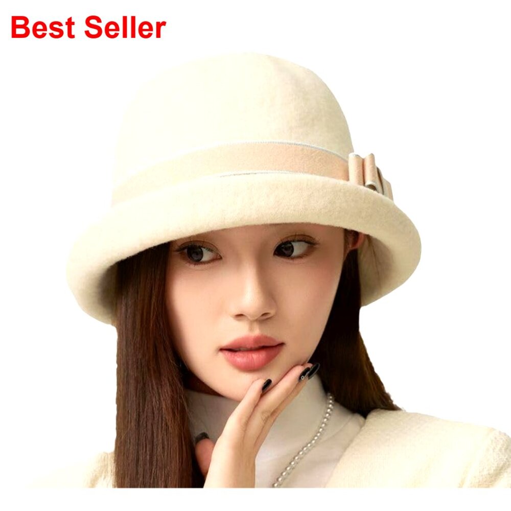 Vintage Felt Cloche Hat Winter Fedora Bucket Cap with Bow